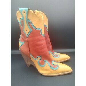BCBGirls Western Wedge Boots Women Size 8.5 B Red Yellow Turquoise Studded